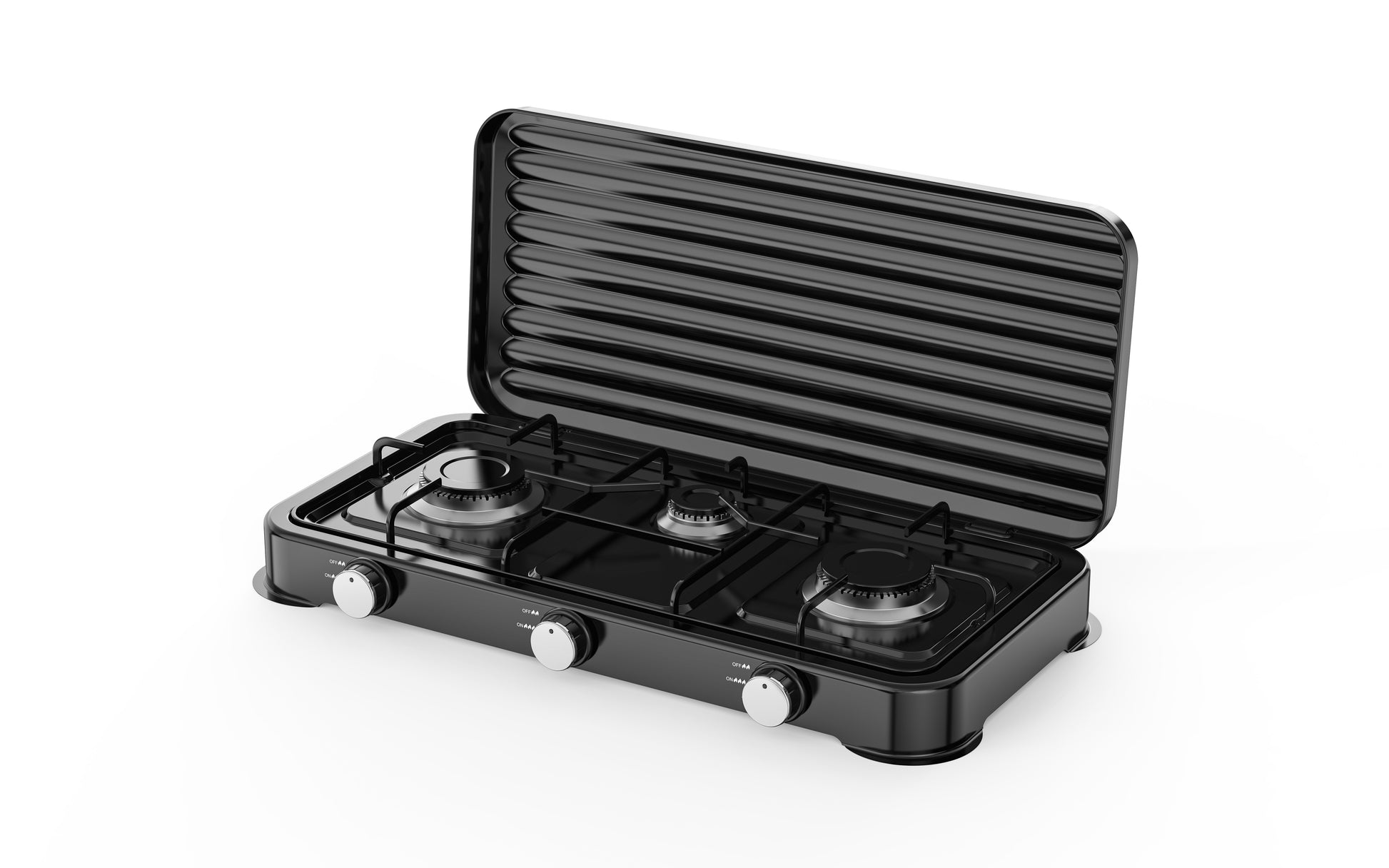 A black 3-burner gas grill stove with a hinged lid that is open, showing a ribbed grill plate inside. It features three silver control knobs on the front and is set against a plain white background.