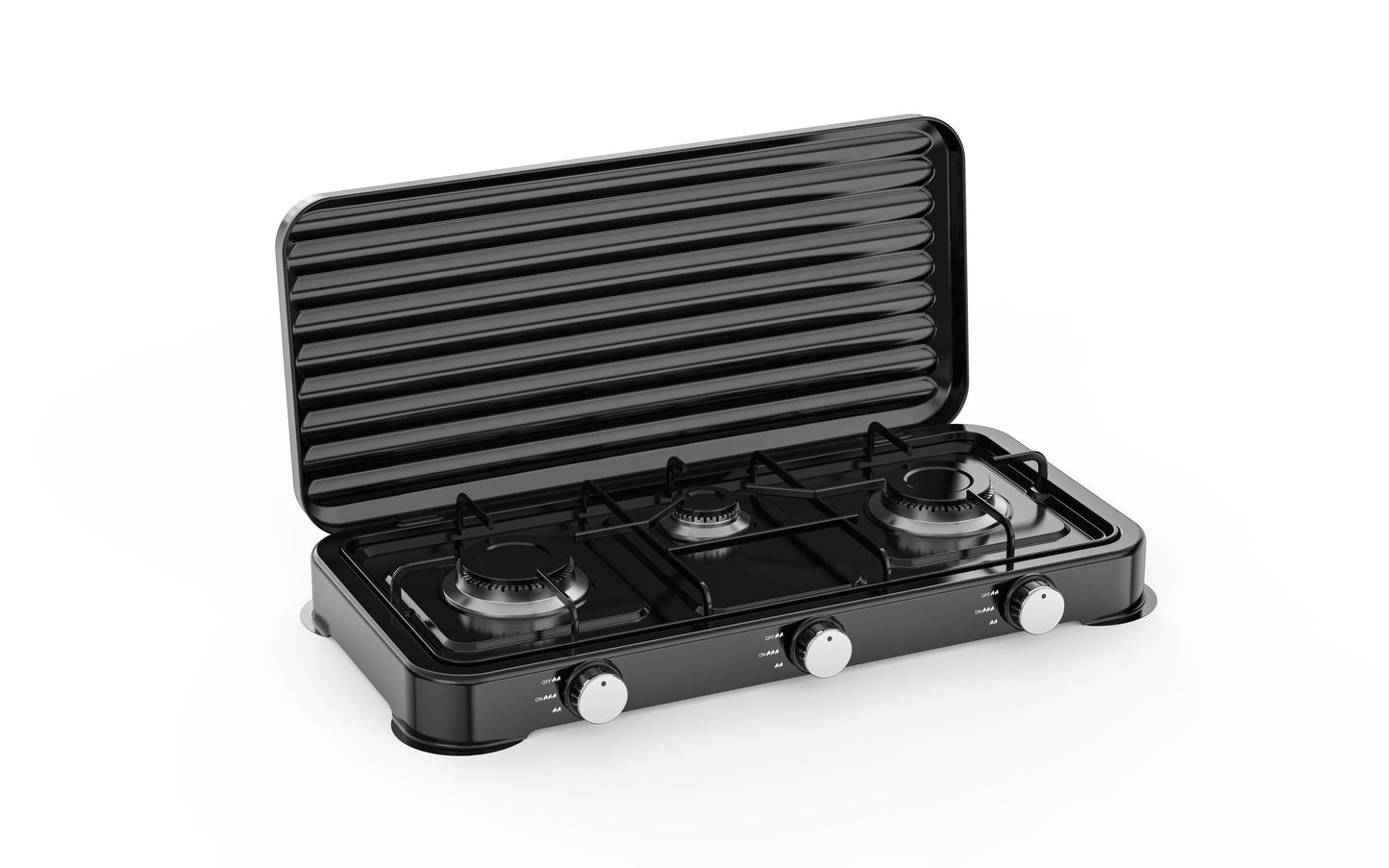 A black 3-burner gas grill stove with a raised lid featuring parallel ridges, three silver control knobs, and black grates, shown on a white background.