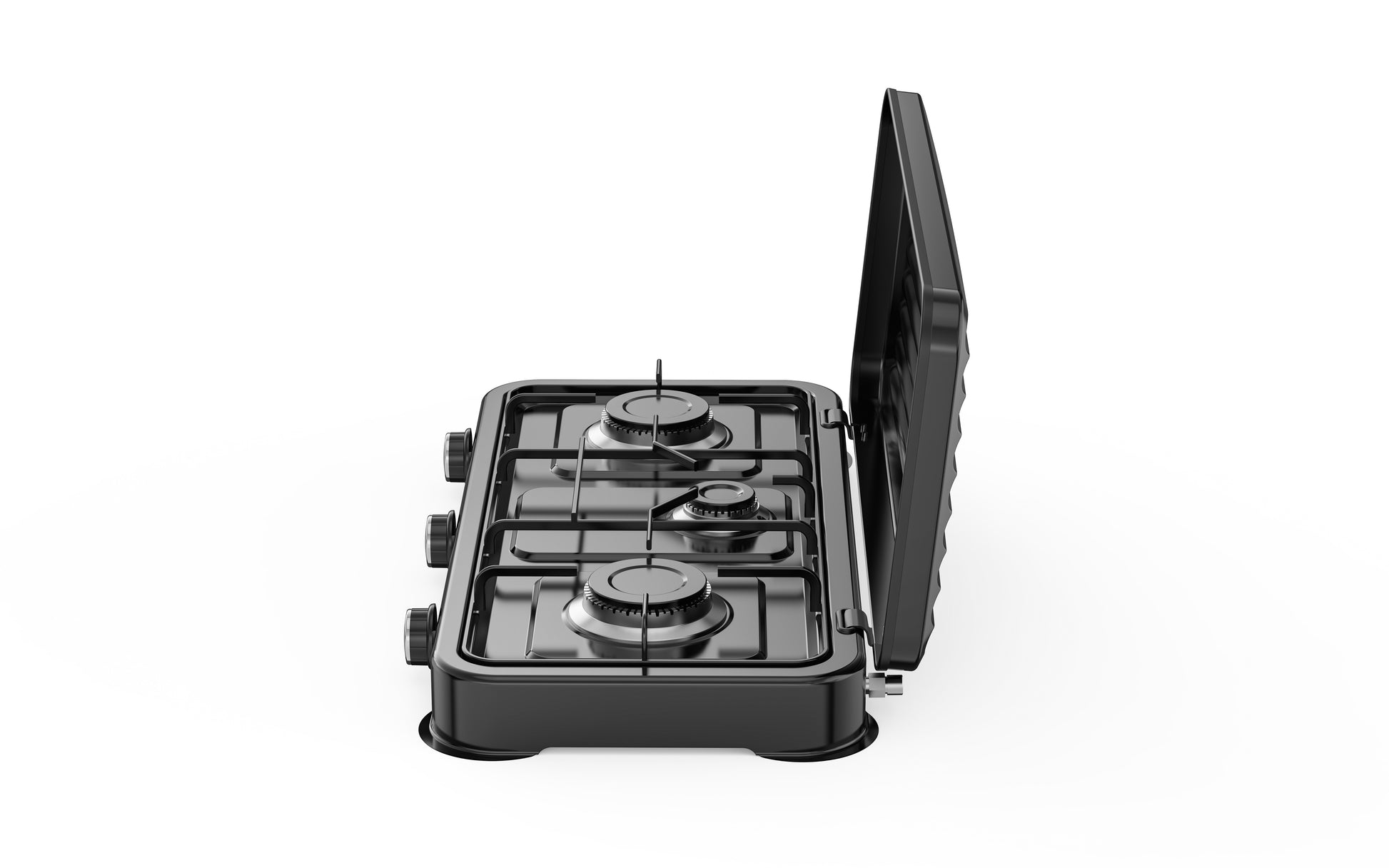 A black 3-burner portable gas stove with an open lid, shown from a top-down perspective on a solid white background.