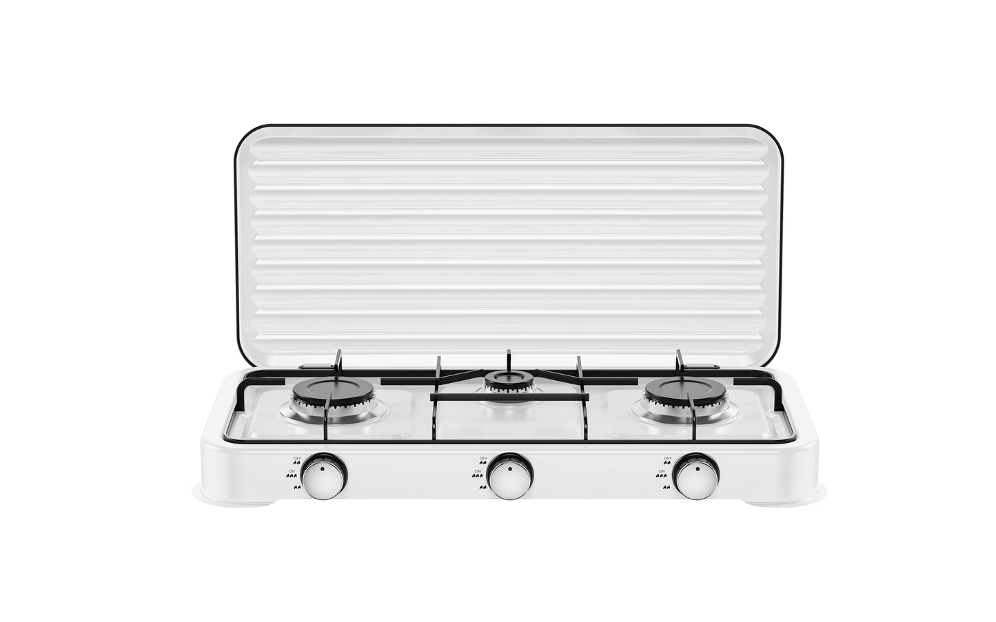 A compact white 3-burner gas grill with a hinged lid, shown open against a solid white background. The grill features a ribbed lid, a white body, black grates, and three control knobs at the bottom.