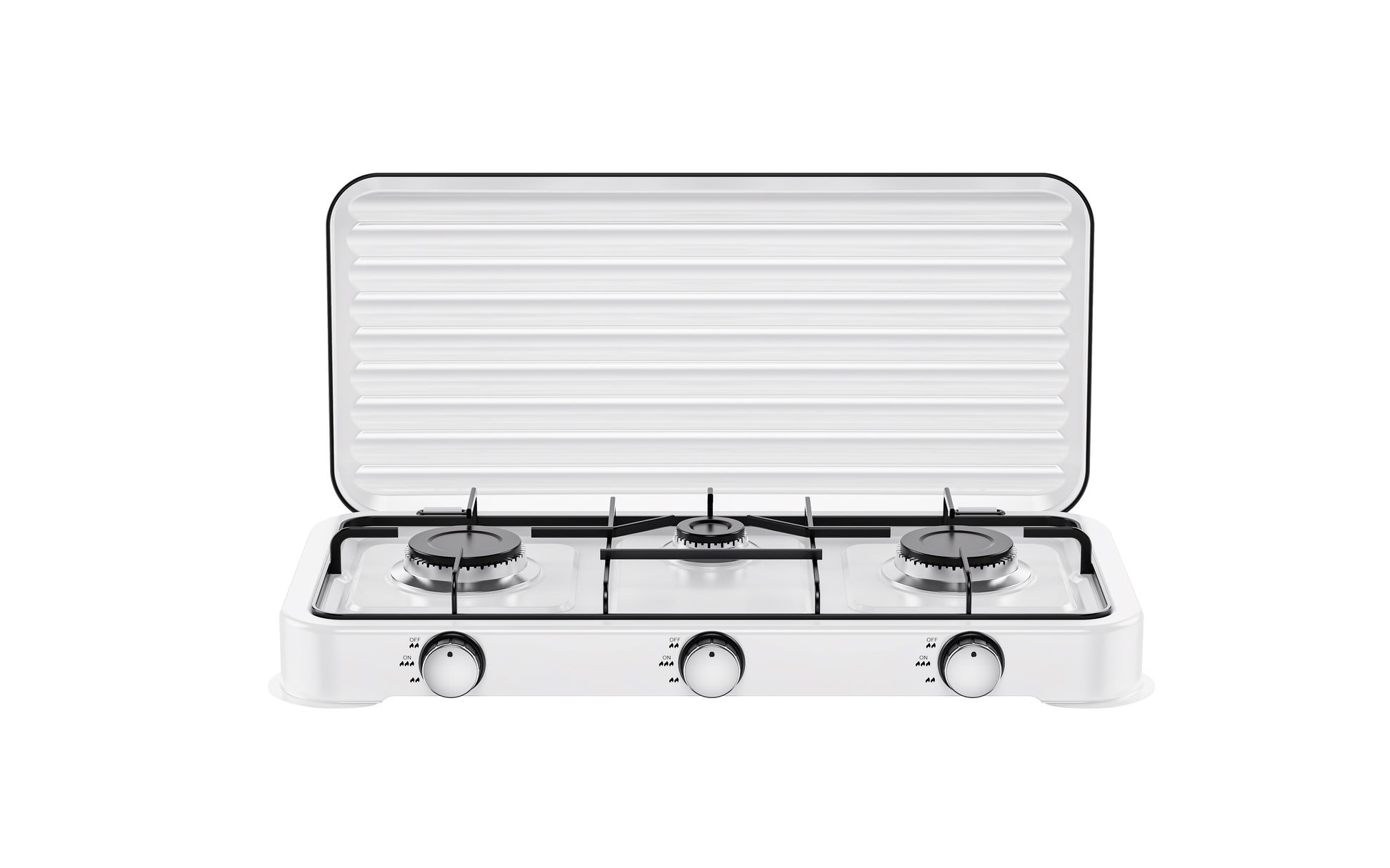 A compact white 3-burner gas grill with a hinged lid, shown open against a solid white background. The grill features a ribbed lid, a white body, black grates, and three control knobs at the bottom.