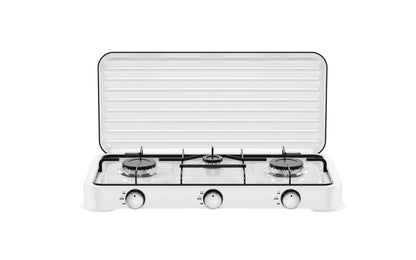 A compact white 3-burner gas grill with a hinged lid, shown open against a solid white background. The grill features a ribbed lid, a white body, black grates, and three control knobs at the bottom.
