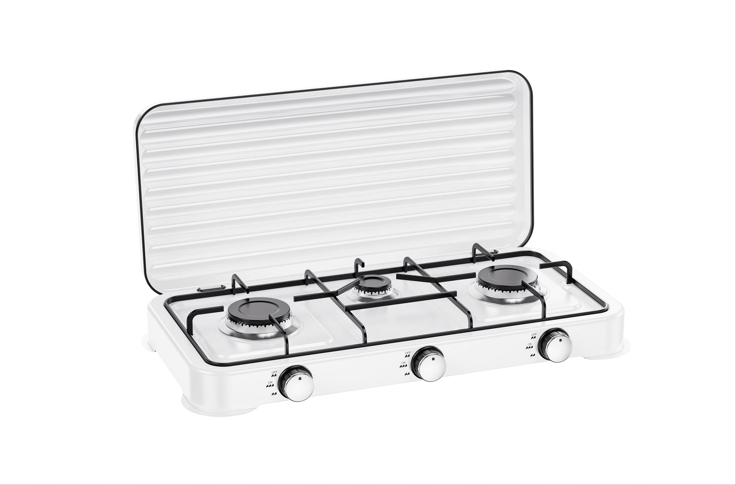A compact white 3-burner gas stove with a hinged lid, black metal grates, and silver control knobs, shown on a plain white background.