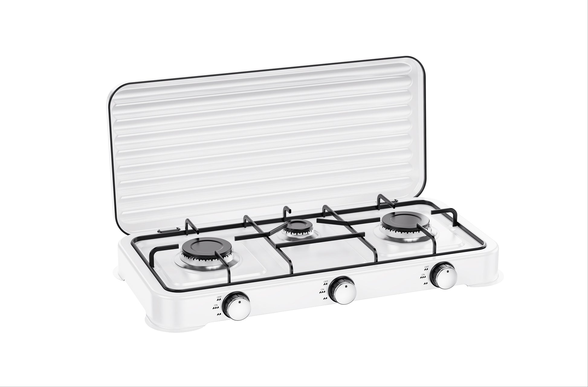 A compact white 3-burner gas stove with a hinged lid, black metal grates, and silver control knobs, shown on a plain white background.