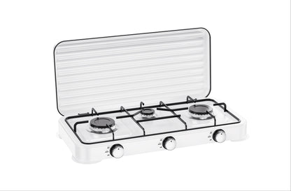 A compact white 3-burner gas stove with a hinged lid, black metal grates, and silver control knobs, shown on a plain white background.