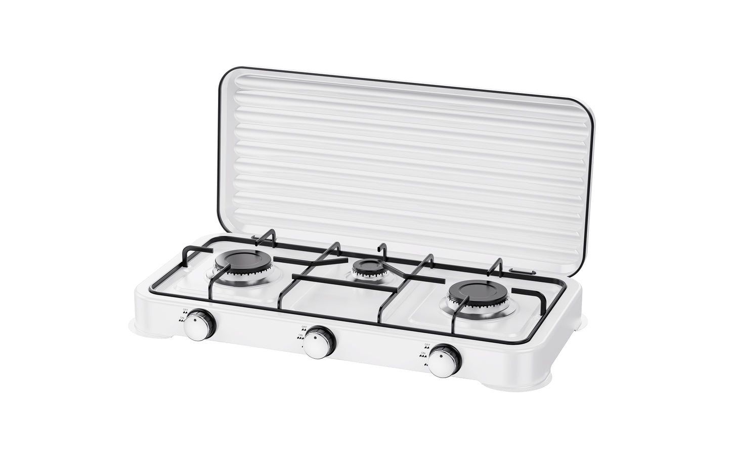 A compact white 3-burner gas stove with a hinged lid, black metal grates, and three control knobs, shown on a solid white background.