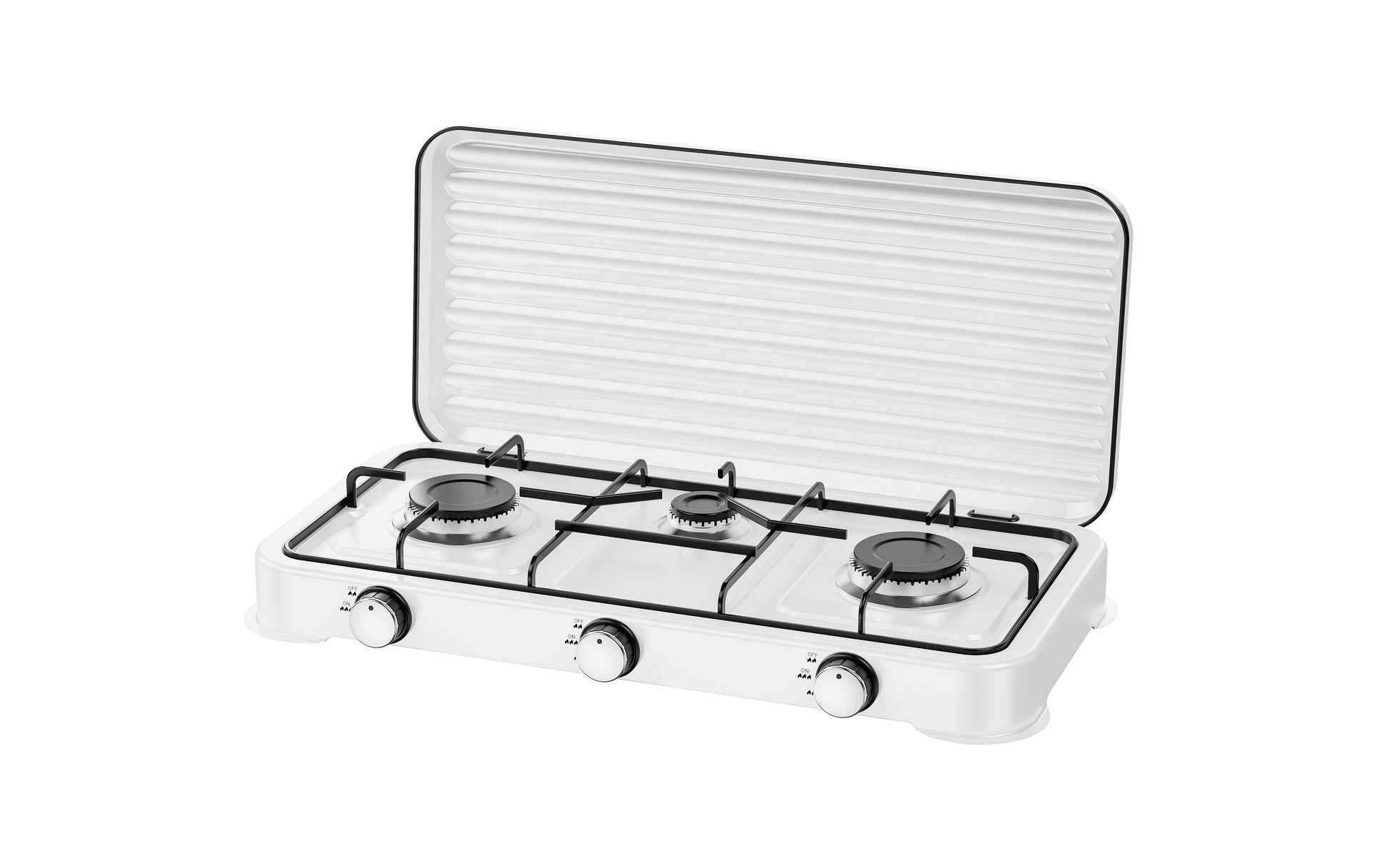 A compact white 3-burner gas stove with a hinged lid, black metal grates, and three control knobs, shown on a solid white background.