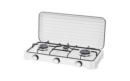 A compact white 3-burner gas stove with a hinged lid, black metal grates, and three control knobs, shown on a solid white background.
