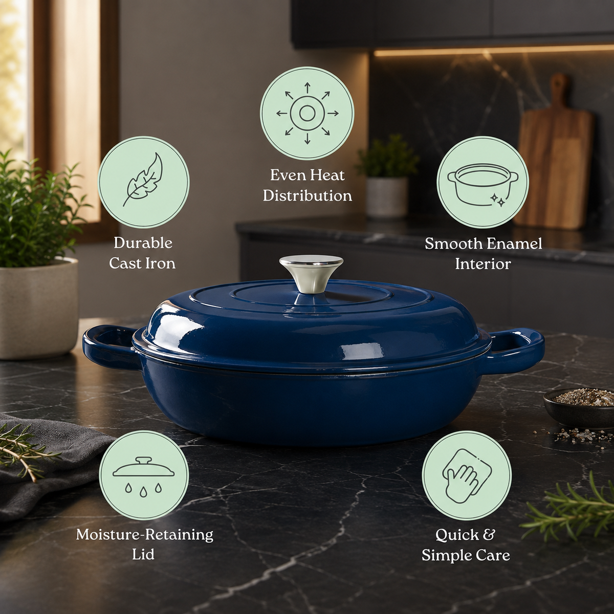 A dark blue enameled cast iron pot with a lid sits on a dark marble countertop in a kitchen setting. Six circular callout graphics with text highlight product features: durable cast iron, even heat distribution, smooth enamel interior, moisture-retaining lid, and quick & simple care.