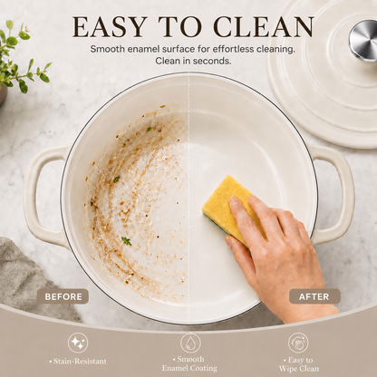 A white enamel Dutch oven with a split before/after cleaning demonstration, showing a hand wiping the interior with a yellow sponge. The image includes text reading 'EASY TO CLEAN' and feature icons at the bottom on a light marble background.