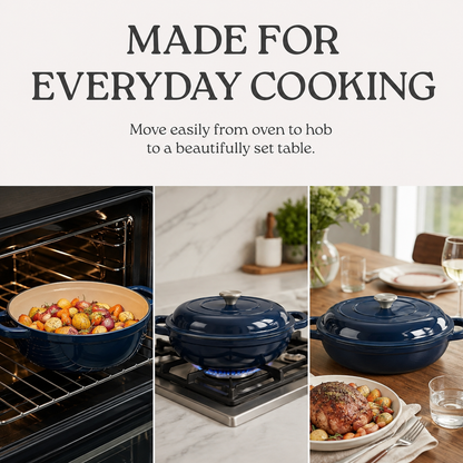 A navy blue enameled cast-iron Dutch oven shown in three lifestyle cooking scenes under the headline 'MADE FOR EVERYDAY COOKING.' The pot is pictured inside an oven with roasted vegetables, on a gas stove with a blue flame, and on a dining table with plated food and glassware.