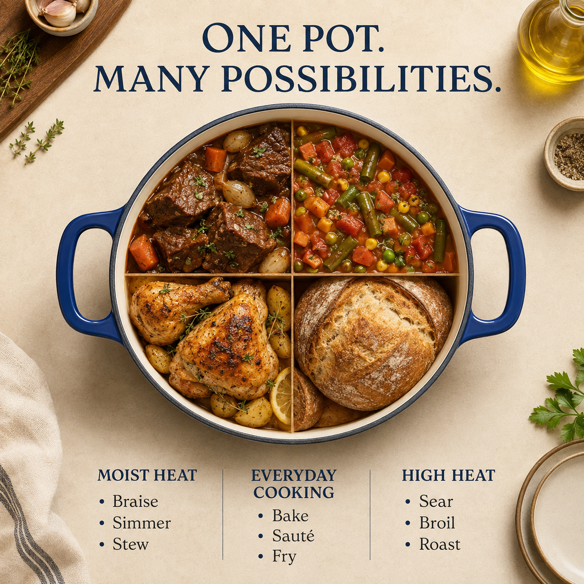 A blue enamel cast-iron Dutch oven with a four-quadrant lid design, shown filled with cooked food on a beige tabletop. Text at the top reads “ONE POT.