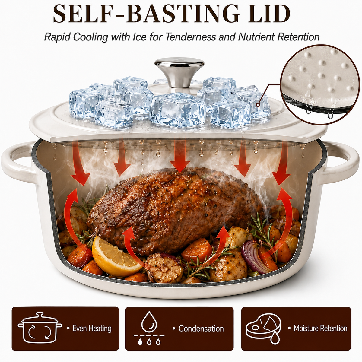 Royal Swiss enameled cast iron Dutch oven self-basting lid infographic showing ice-cooling condensation method for even heating and moisture retention during roasting.