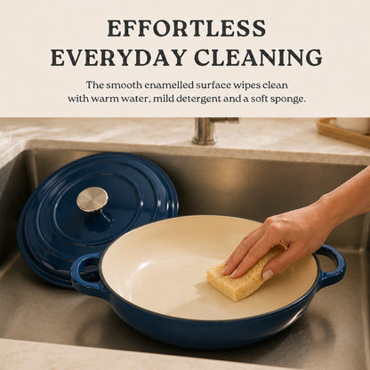 A blue enameled cast iron casserole dish with a cream interior is being cleaned with a sponge in a stainless steel sink, with its matching lid resting behind it. Text at the top reads 'EFFORTLESS EVERYDAY CLEANING'.