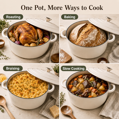 A four-panel promotional collage showing a cream-colored enameled cast iron Dutch oven in different cooking uses: Roasting with a whole chicken, Baking with a loaf of bread, Braising with cheesy pasta, and Slow Cooking with a beef stew. The top of the image has the text 'One Pot, More Ways to Cook'.
