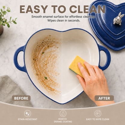A heart-shaped blue and white enamel pot shown on a light marble surface with a hand using a yellow sponge to wipe the inside. Large text reads 'EASY TO CLEAN' with 'BEFORE' and 'AFTER' labels, plus feature icons for stain-resistant, smooth enamel coating, and easy to wipe clean.