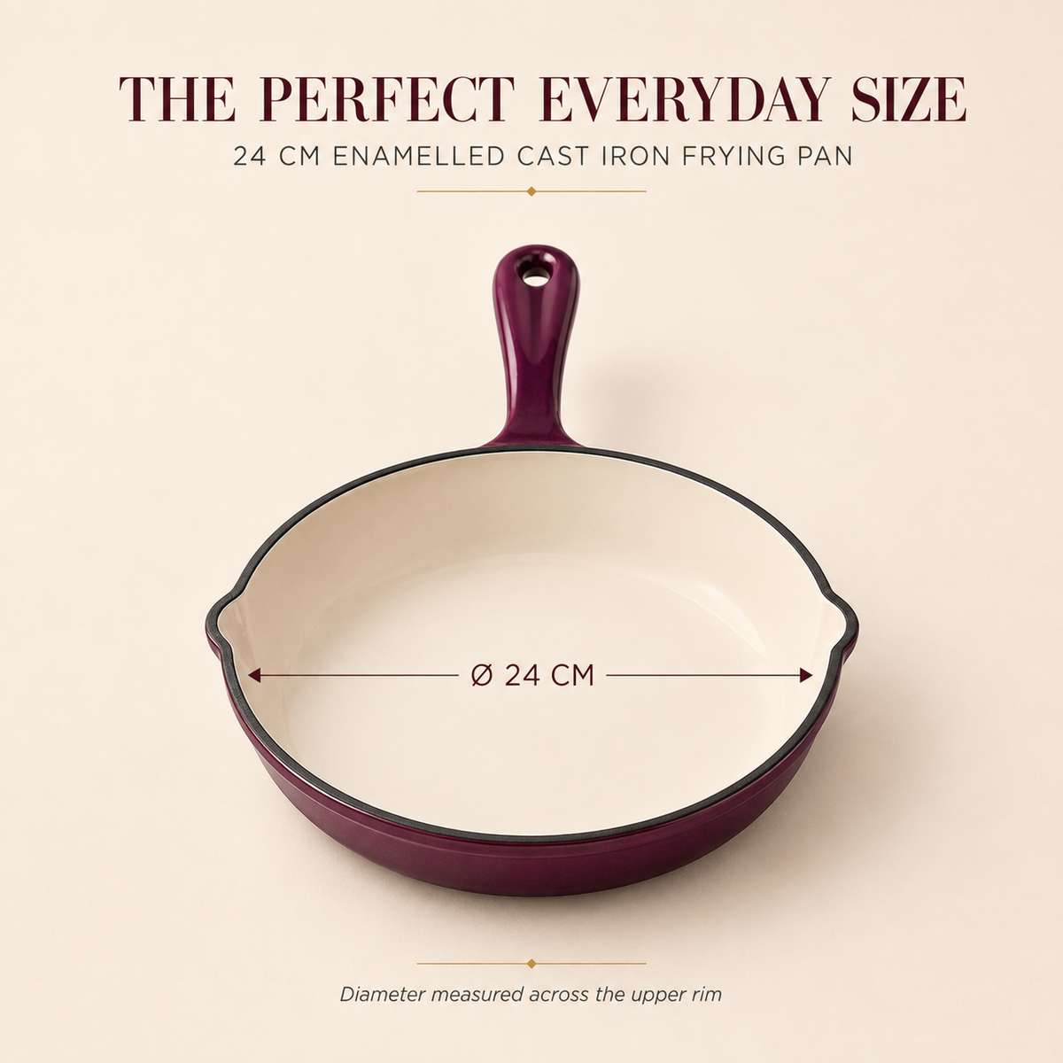 A 24 cm cast iron frying pan with a deep burgundy exterior and cream-colored interior, shown with dimension lines indicating a diameter of 24 cm. The image includes text overlays describing the pan and its size.