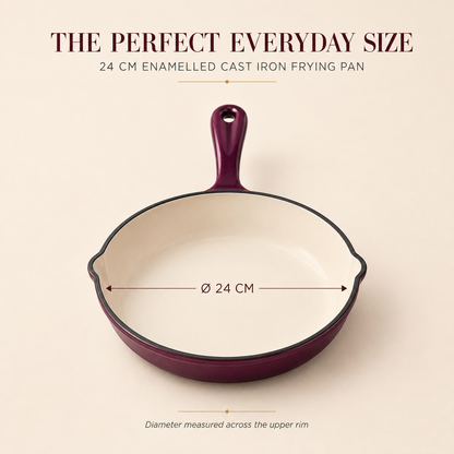A 24 cm cast iron frying pan with a deep burgundy exterior and cream-colored interior, shown with dimension lines indicating a diameter of 24 cm. The image includes text overlays describing the pan and its size.